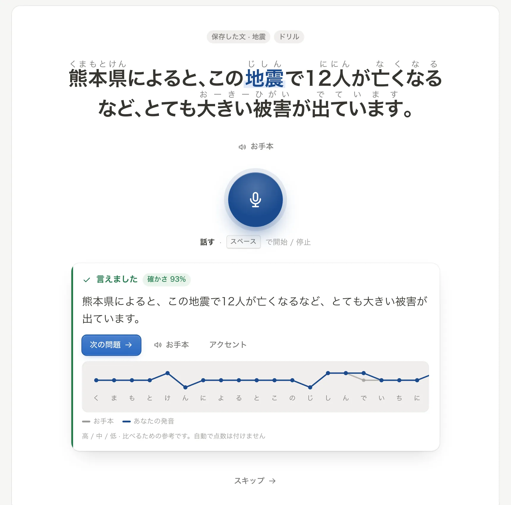 「話す練習」画面:ふりがな付きの問題文とマイク